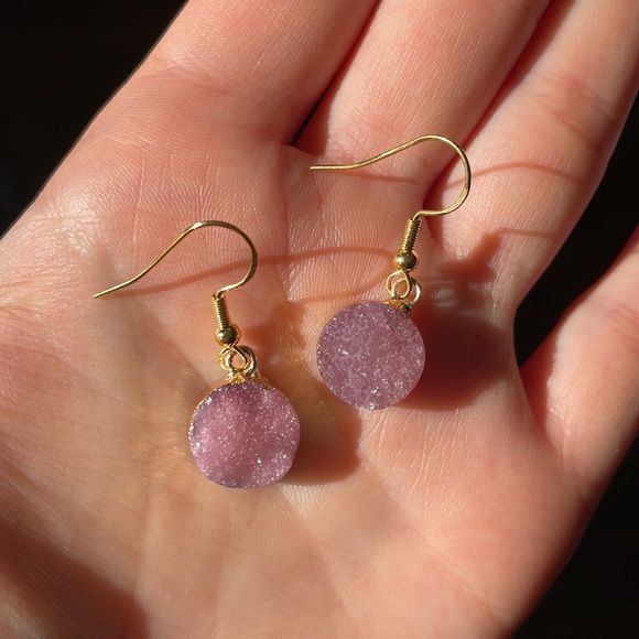 Pink Druzy Crystal Dangle Earrings - Picture 3 of 3
